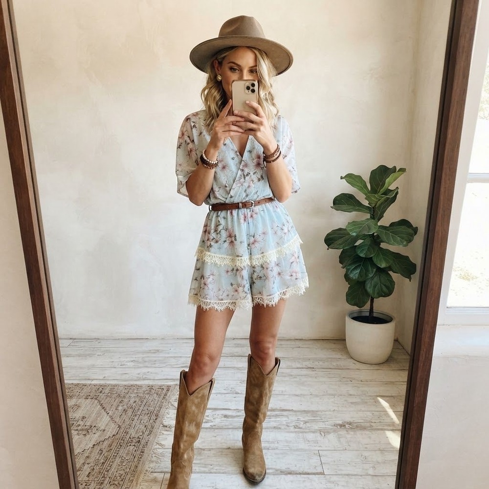 Umgee Floral Lace Trim Tiered Mini Dress S Light Blue Pink Shabby Chic Flirty